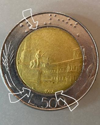 Moneta 500 lire bimetallica 1988 errori di conio