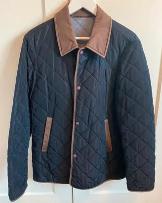 Giacca trapuntata blu con colletto marrone - S