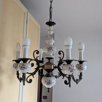 Lampadario 5 bracci ottone e ceramica di Bassano