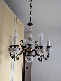 Lampadario 5 bracci ottone e ceramica di Bassano