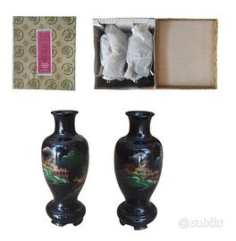 Rara Coppia Vasi Cinesi Vintage in Bambù Laccato