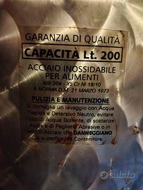 Serbatoio per alimenti 200L acciaio inox AISI 304