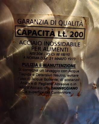 Serbatoio per alimenti 200L acciaio inox AISI 304