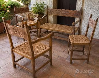 Salottino vintage legno massello paglia Vienna
