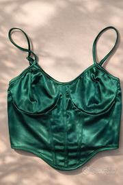 Crop top satin verde smeraldo lucido corsetto