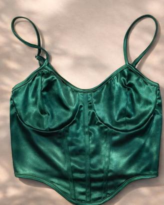 Crop top satin verde smeraldo lucido corsetto