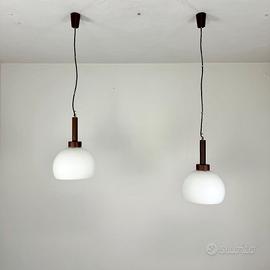 Coppia lampadari anni ’60 teak e vetro restaurati!