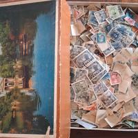 Francobolli in scatola di cartone e vari