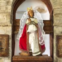 Statua Madonna in cera, arte fiamminga con bambino