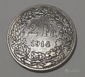 moneta 2 franchi svizzeri in argento 1914