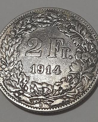 moneta 2 franchi svizzeri in argento 1914