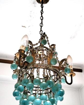 LAMPADARIO VINTAGE CON SFERE DI VETRO AZZURRE