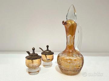 Set Olio, sale e pepe in cristallo Ambra Vintage