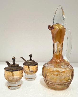 Set Olio, sale e pepe in cristallo Ambra Vintage