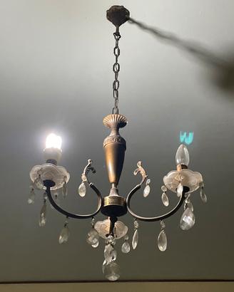 Lampadario vintage in ottone e gocce in vetro