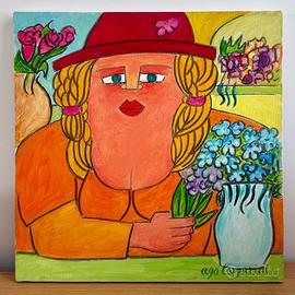 Ugo Tapparini - La Fioraia - Olio Su Tela 50x50 -