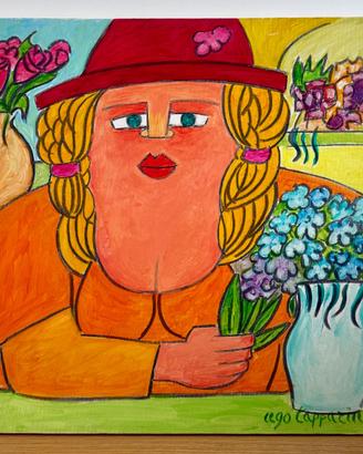 Ugo Tapparini - La Fioraia - Olio Su Tela 50x50 -