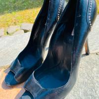Décolleté Vintage Peep-Toe Pelle Nera Ricamati