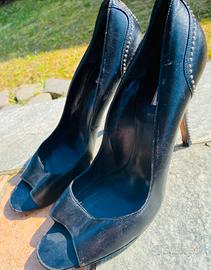 Décolleté Vintage Peep-Toe Pelle Nera Ricamati