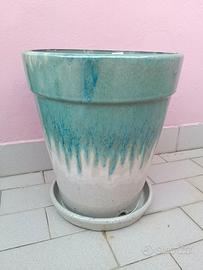 Vaso in terracotta smaltata sottovaso, verde 34 cm