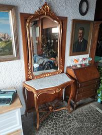 Consolle Con Specchio In Noce Dorata