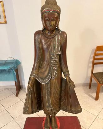 Rara statua Bodhisattva thai in legno dorato/rosso