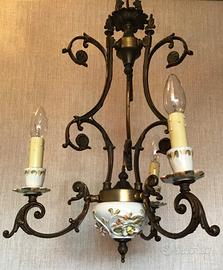 Lampadario anni 50 in ottone bronzato e ceramica