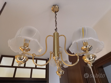 Coppia Lampadari in ottone e vetro a sospensione