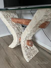 Tavolo Moderno a V in Pietra Fossile e Vetro