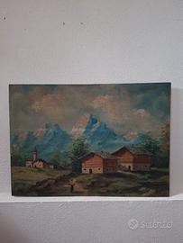 Dipinto vintage su tavola di un paesaggio montano