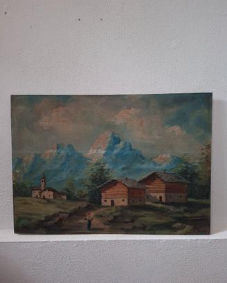 Dipinto vintage su tavola di un paesaggio montano