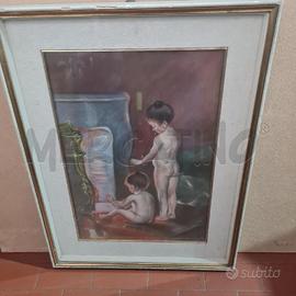 QUADRO PASTELLO 2 BIMBI AL FOCOLARE CM 35 X 50