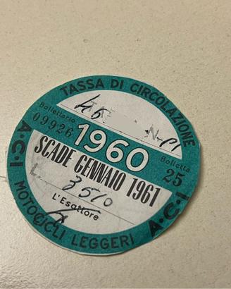 Bollo moto Vespa 1960 targa Pisa