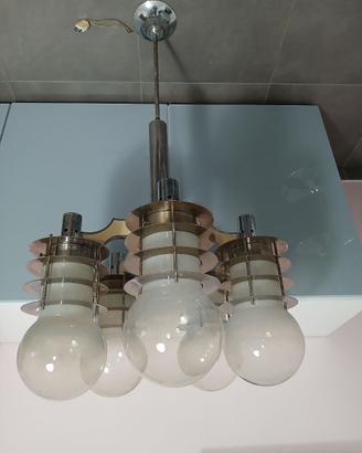 Lampadario Design anni 70 Vetro Opalino Metallo