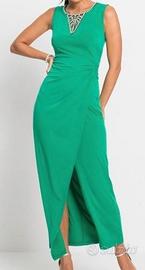Abito da sera lungo verde con strass