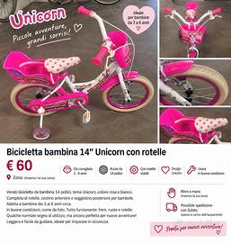 Bicicletta bambina 14" Unicorn con rotelle