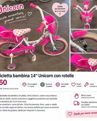 Bicicletta bambina 14" Unicorn con rotelle
