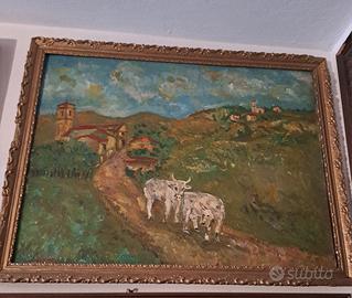 quadro anni '70, mucche al pascolo, cm 65 x 50