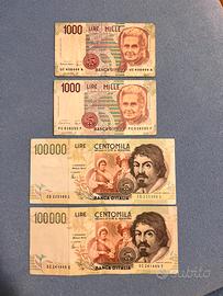 Banconote 1000 lire e 100 mila lire
