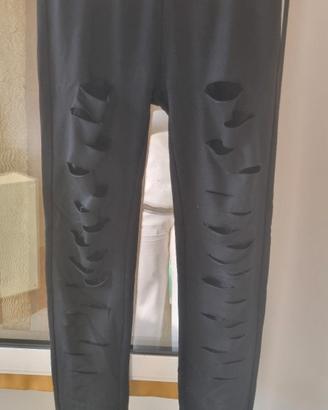 Leggings neri effetto denim con tagli e pizzo