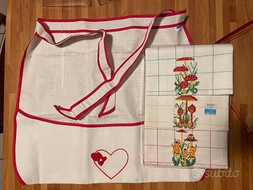 Set Cucina Vintage Nuovo Grembiule + 3 Strofinacci