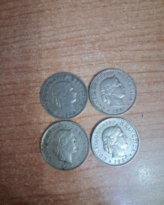 set 4 monete 20 rippan Svizzera (una è del 1884)