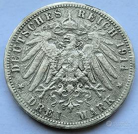 ⚪Regno di Prussia⚫ 3 marchi 1914 A Guglielmo 2° 