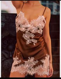 Camicia fa notte sexy in seta con pizzo