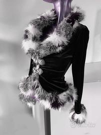 cardigan in velluto con pelliccia finta