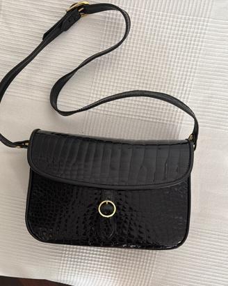 Borsa vintage vera pelle nera effetto coccodrillo