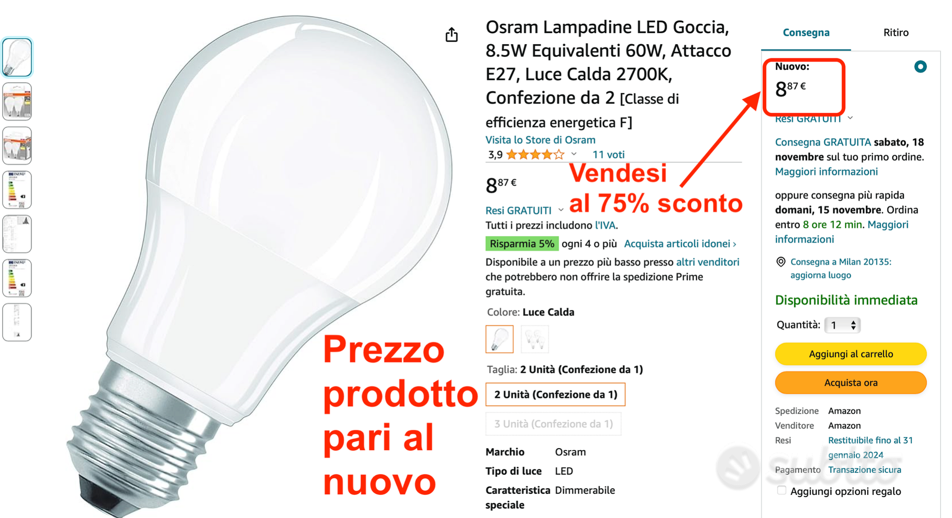 Osram Lampadine LED A60 Filamento 7W Attacco E27 Luce Calda 2700K  Confezione da 2