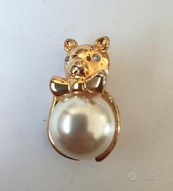 Spilla Vintage Orsetto Dorato con Maxi Perla