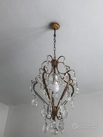 Lampadario in ottone e gocce cristallo anni ‘60