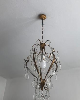 Lampadario in ottone e gocce cristallo anni ‘60